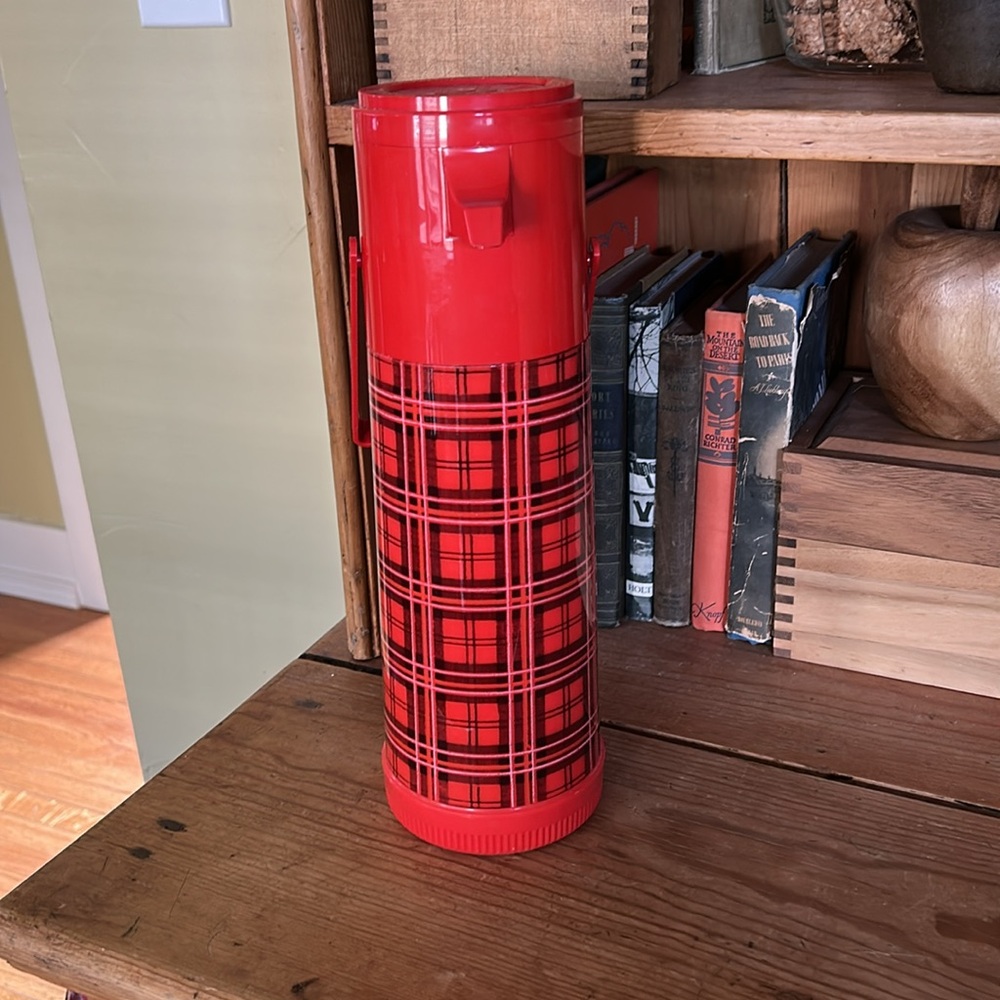 Large VINTAGE Red Plaid Aladdin Pump Thermos
